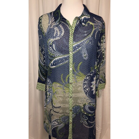 Susan Graver L Duster Sheer Chiffon Button Front Blue Green Large L - Picture 1 of 4